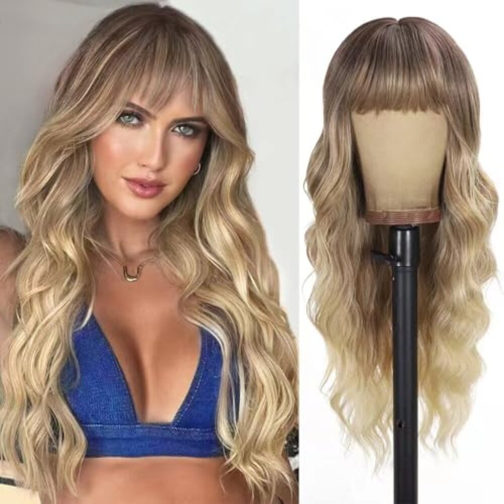 Blonde Wig with Bangs Long curly wavy Wig for Women Ombre wig with Brown root sk